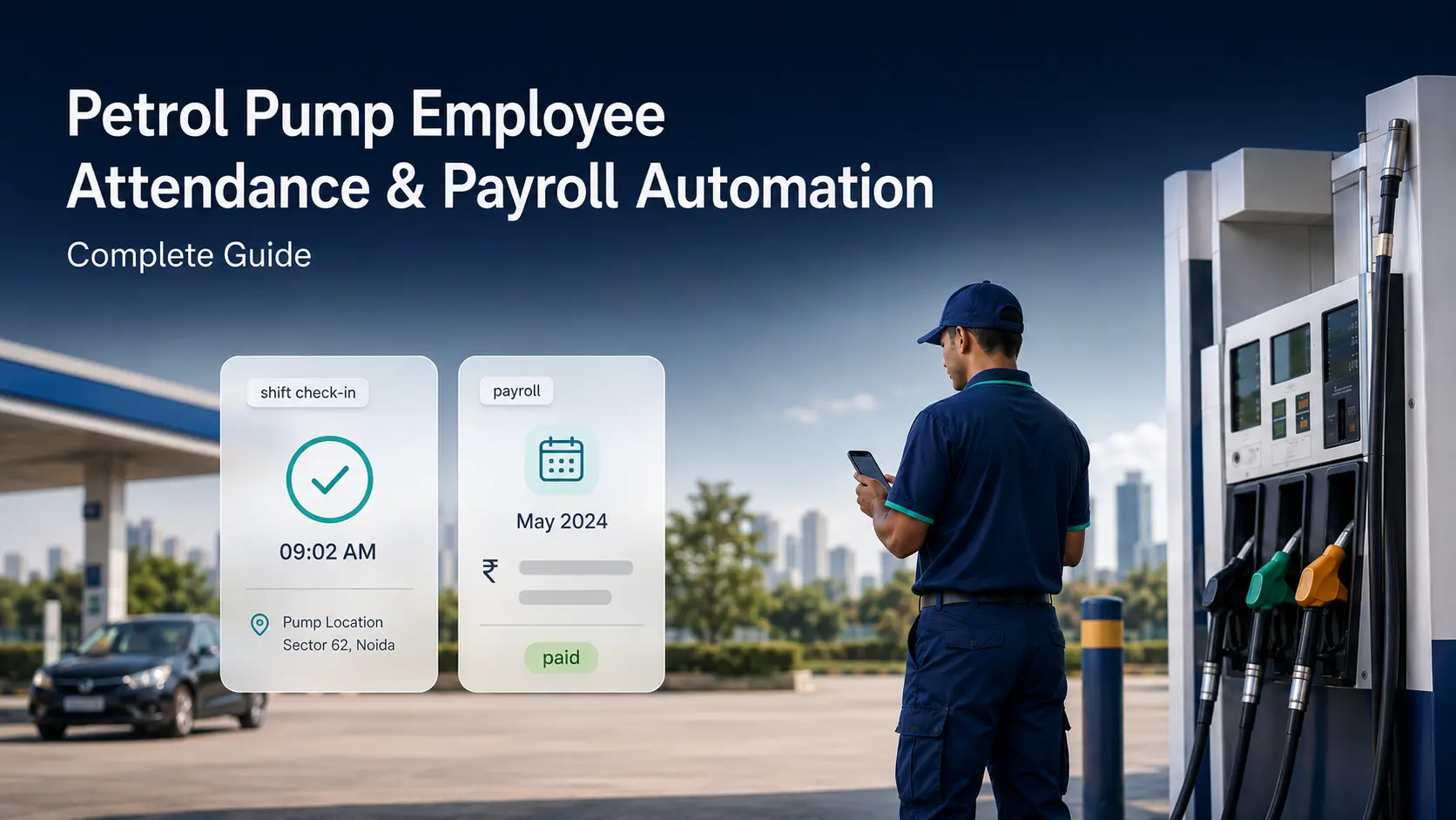 Petrol pump attendant using mobile app to mark shift attendance for payroll automation